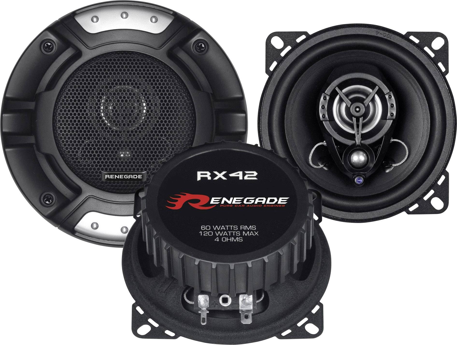 Tre altoparlanti per auto neri, uno mostra 'Renegade RX42', 60 Watt RMS, 180 Watt Max, 4 Ohm. Sono rotondi e di design differente.