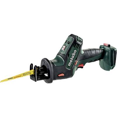 Sega reciprocante cordless Metabo verde con lama di taglio gialla, mostrata su uno sfondo bianco.