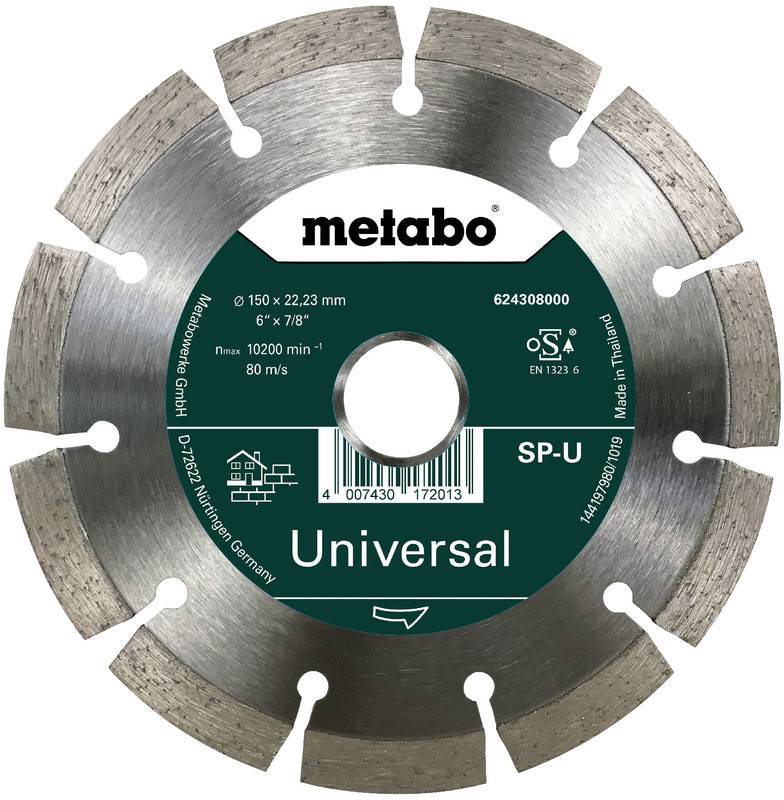 Lama diamantata segmentata universale Metabo con foro centrale e specifiche del prodotto etichettate.