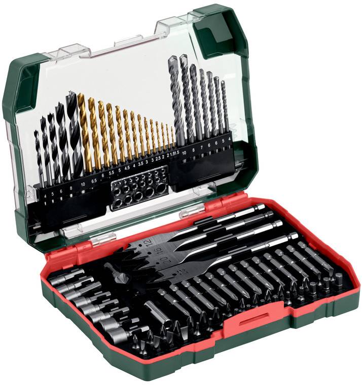Set di punte per trapano e punte per cacciavite in un astuccio in plastica rosso e verde, con punte assortite disposte per dimensione all'interno del coperchio e del vassoio.