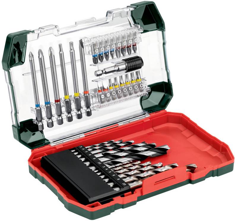 Valigetta portautensili aperta con assortimento di punte per cacciavite, punte per trapano e un supporto magnetico per punte in una valigetta di stoccaggio in plastica rossa e verde.