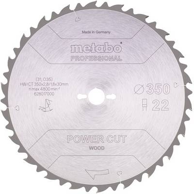 Lama per sega circolare Metabo Professional Power Cut per legno etichettata "Made in Germany", "350" e "22", con bordo dentellato e foro di montaggio centrale.