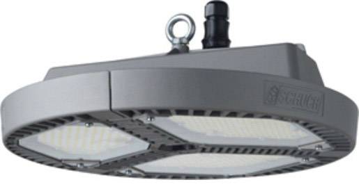 Plafoniera LED rotonda in grigio, con gancio e connessione cavo nero. Adatta per ambienti industriali o commerciali.