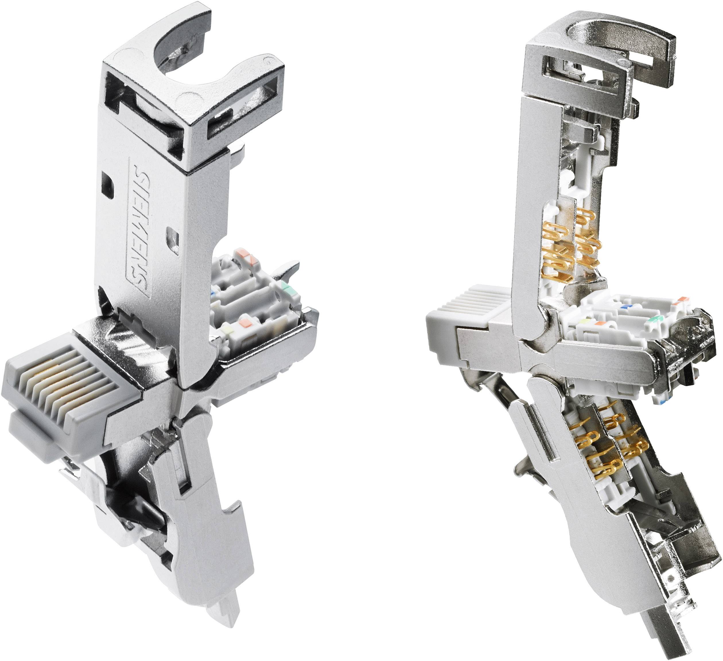 'Connettore RJ45 CAT 6A Siemens in involucro metallico, aperto per mostrare la struttura interna dei cavi e dei contatti.'