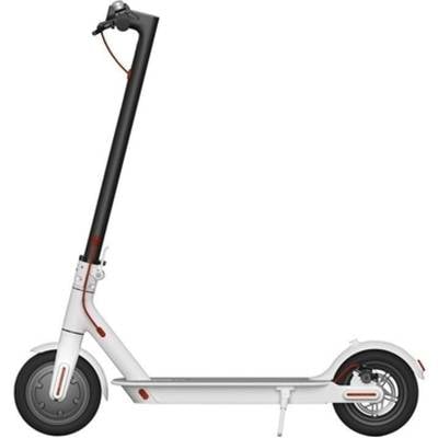 Monopattino elettrico con manubrio nero e telaio bianco, vista laterale.