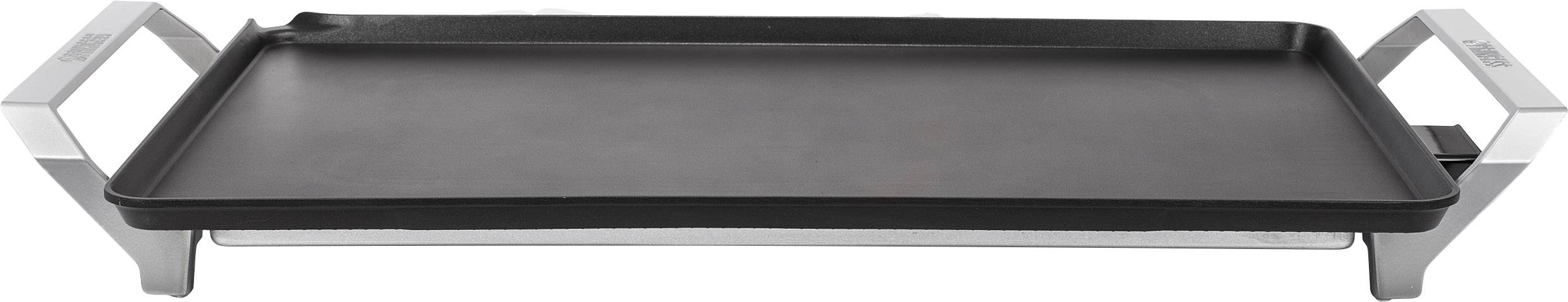 Piastra elettrica da grill con superficie antiaderente nera e manici argento su entrambi i lati. Ideale per cucinare o grigliare.