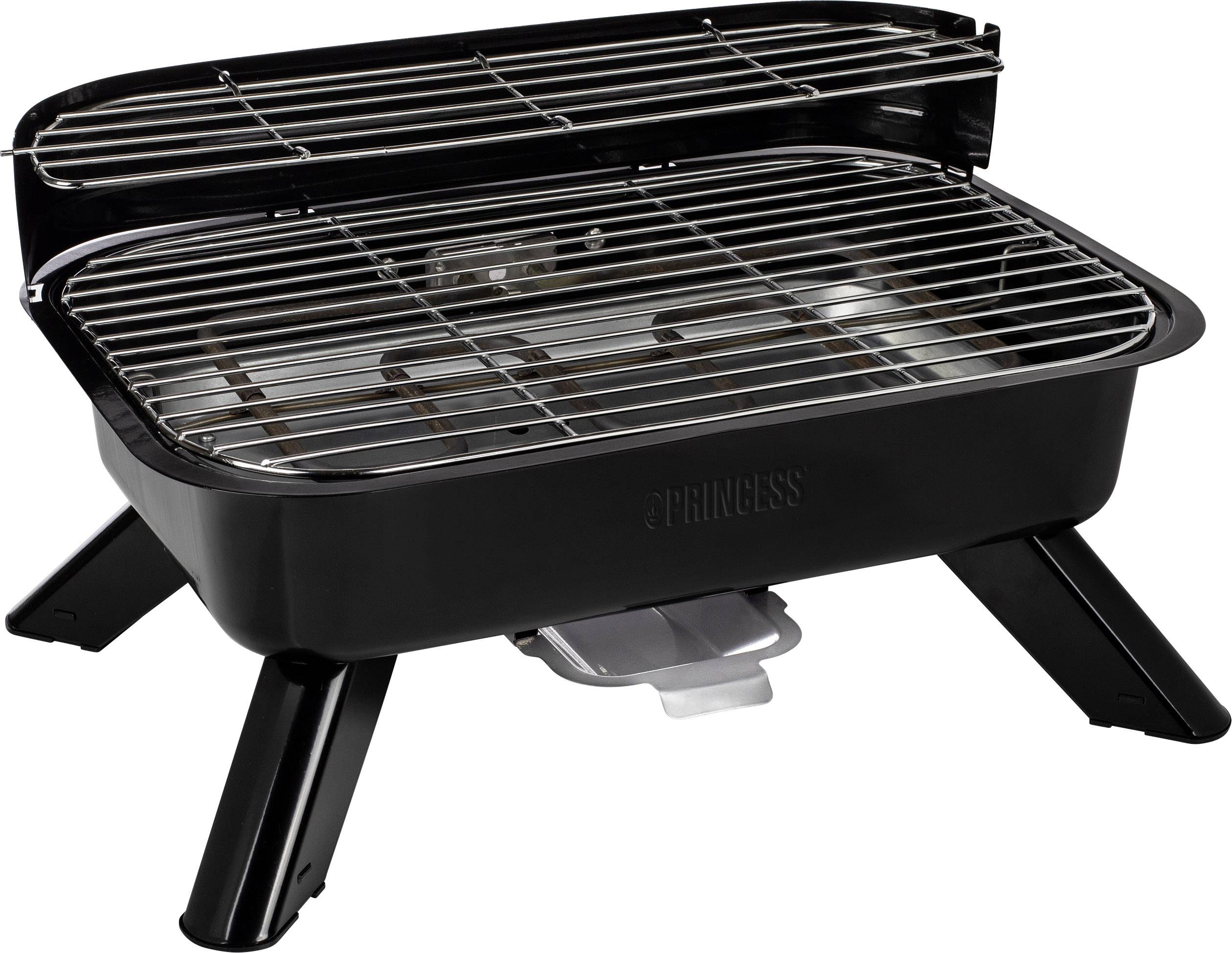 Grill nero portatile da tavolo con griglia in metallo, adatto per grigliate indoor o outdoor. Design compatto con quattro piedi stabili.