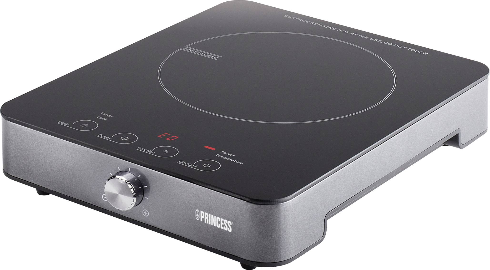 Piastra a induzione portatile con superficie liscia nera, display, manopola di regolazione e tasti touch per il controllo.