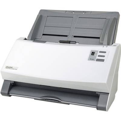 Uno scanner per documenti bianco e grigio con diversi pulsanti di controllo e un vassoio carta integrato sul retro.