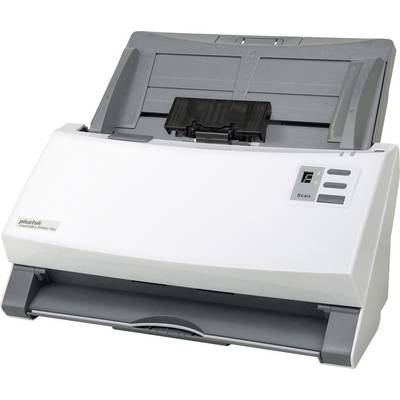 Un scanner per documenti bianco con accenti grigi. Sul lato anteriore sono presenti tre tasti con simboli di accensione, scansione e segnalazione errori.