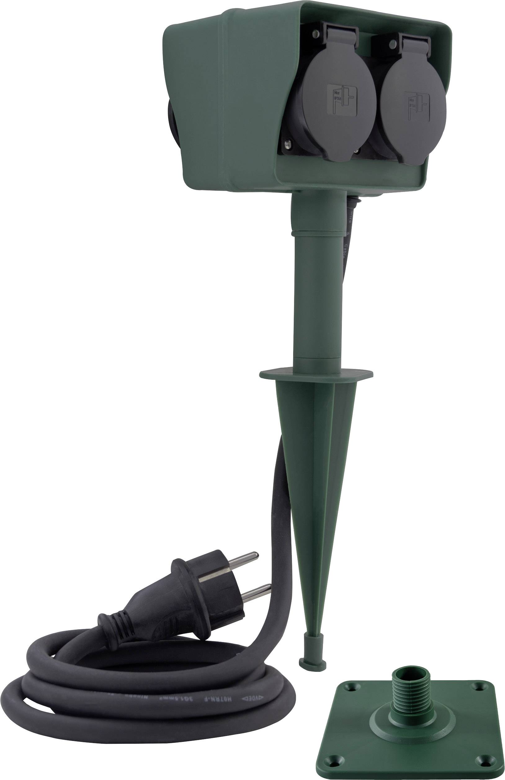 Distributore esterno verde con picchetto di terra, due prese e cavo elettrico, ideale per applicazioni da giardino.