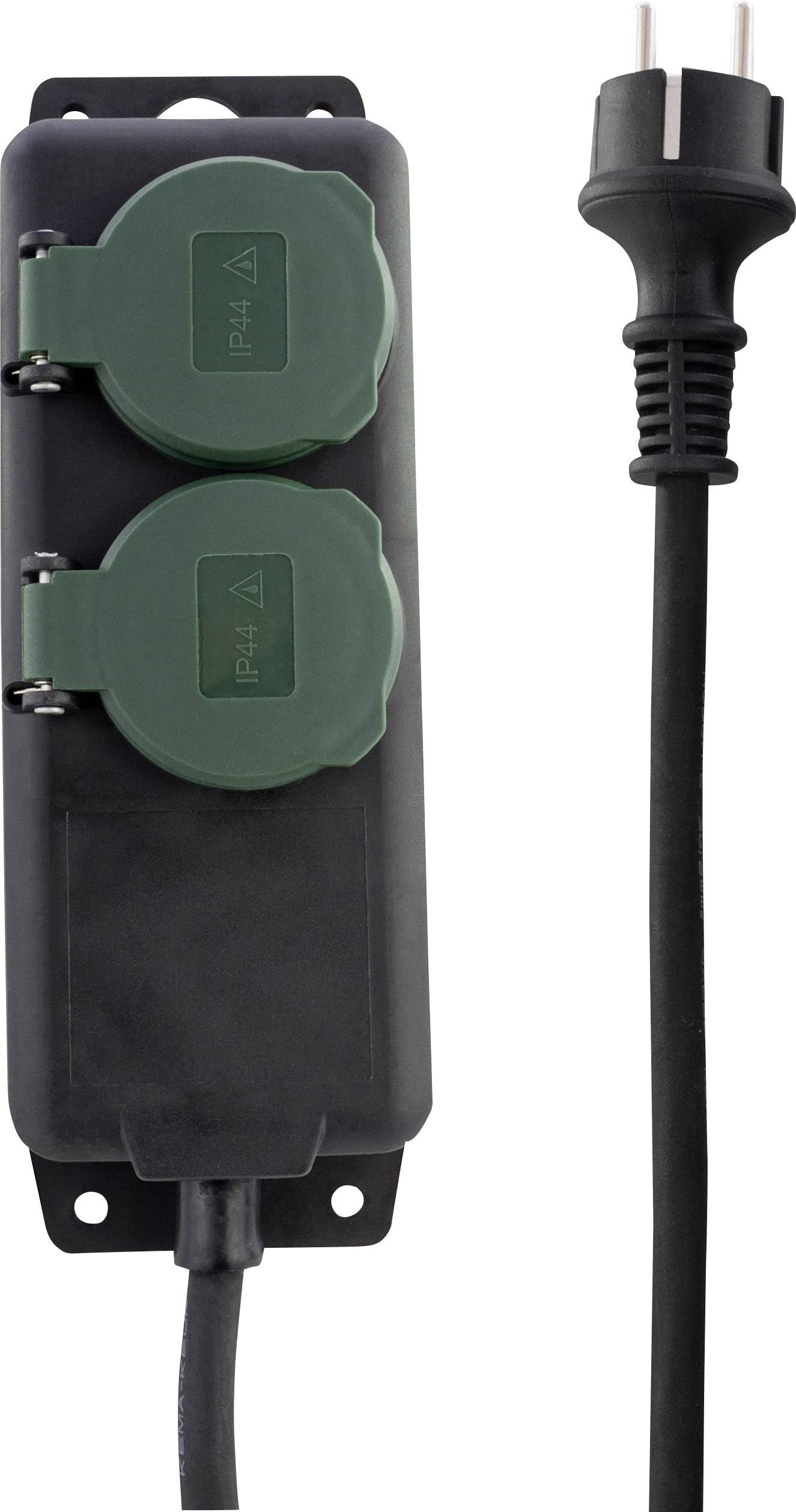 Doppia presa elettrica esterna nera con due coperture verdi e una spina nera.