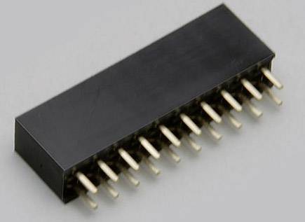 Un connettore elettronico nero, rettangolare, con 10 pin dorati per connessioni.