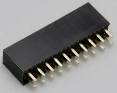 Un connettore elettronico nero con diversi pin dorati su una superficie grigia.