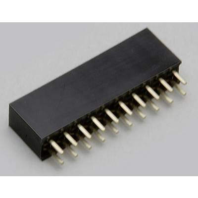 Un connettore nero, rettangolare con numerosi pin dorati sulla parte inferiore, utilizzato per connessioni elettroniche.
