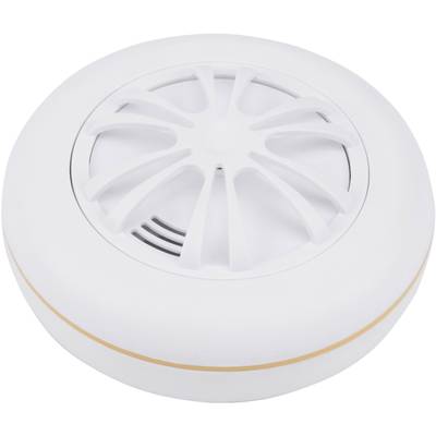 Un rilevatore di fumo bianco dal design circolare e moderno, con fessure di ventilazione sulla parte superiore.