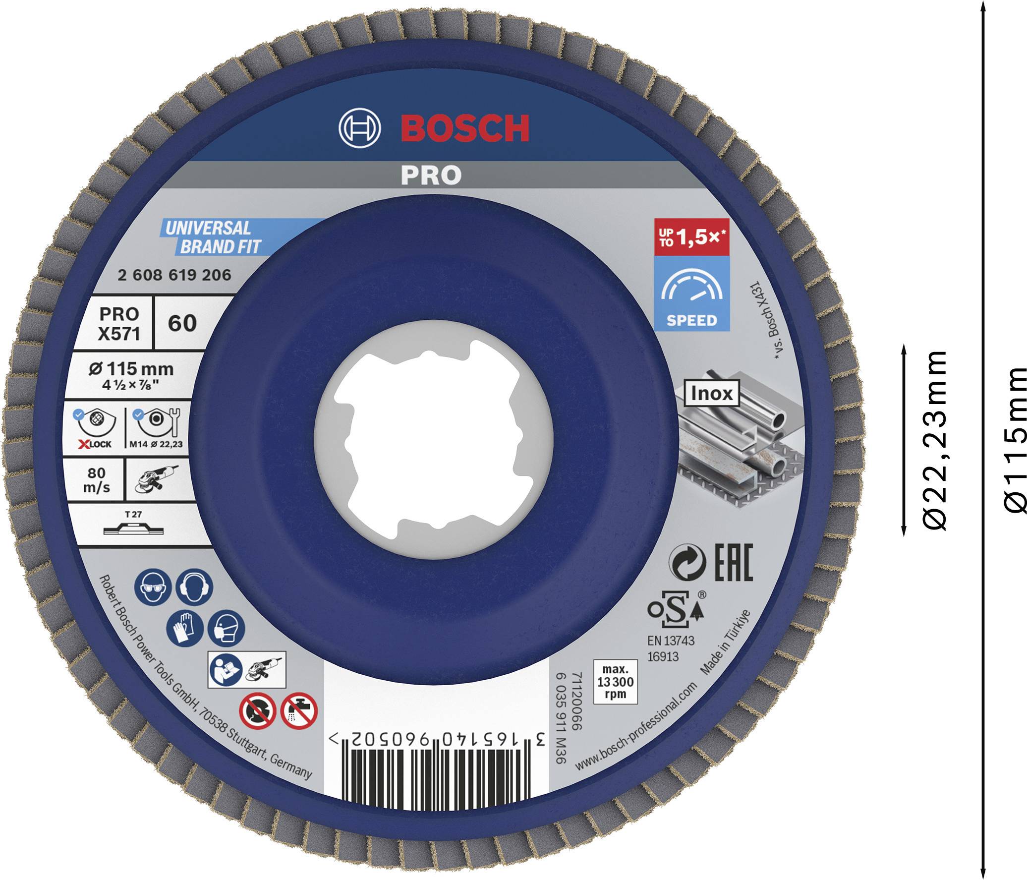 Disco abrasivo Bosch con diametro 115 mm, foro 22,23 mm. Adatto per 13.300 giri/min, grana 60. Pittogrammi per misure di protezione.
