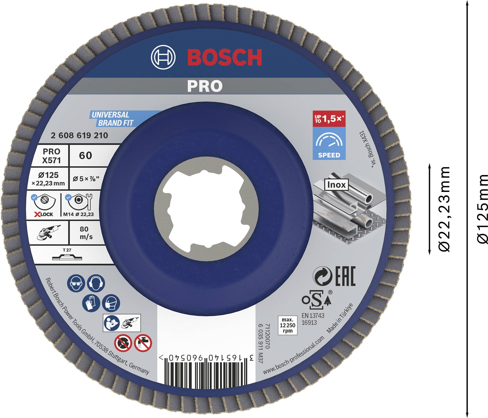 Disco abrasivo Bosch, modello PRO, grana 60, diametro 125 mm, compatibile con attacco universale. Marcature e simboli per la sicurezza d'uso.