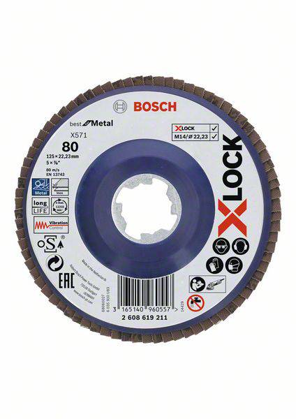 Disco abrasivo per levigatura metalli Bosch, modello X571, diametro 125 mm, grana 80, con sistema di aggancio rapido X-LOCK.