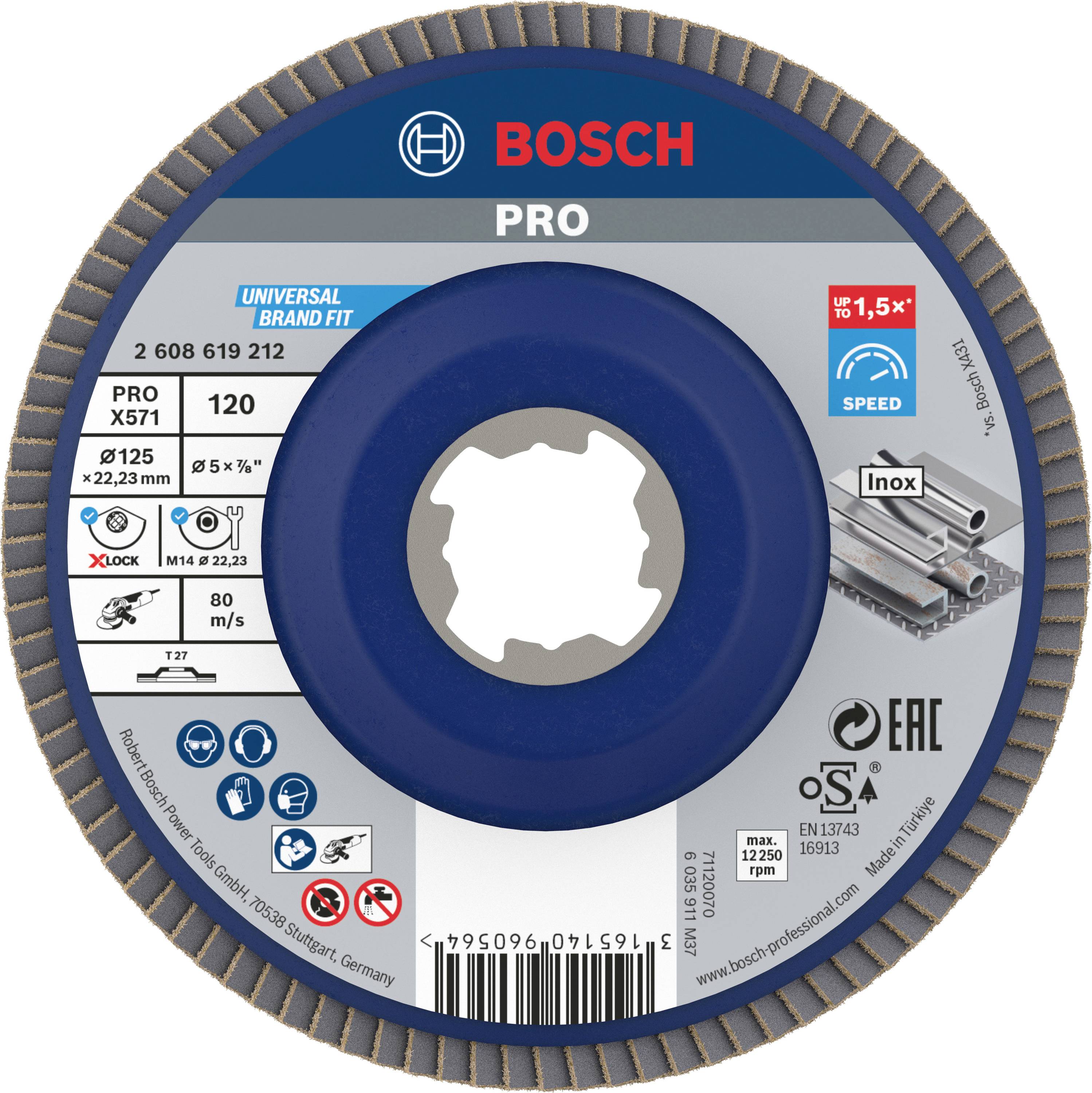 Disco abrasivo Bosch Pro, adatto per Inox, Ø125 mm, grana 120, con sistema X-LOCK, etichettatura blu, 80 m/s, max. 12200 giri/min.