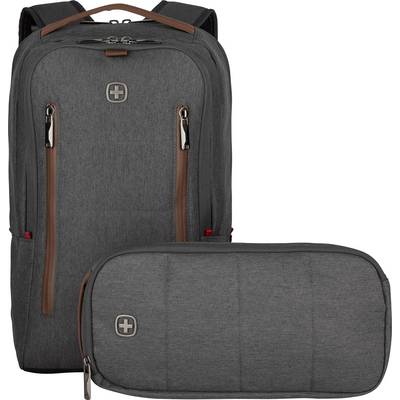 Zaino grigio con dettagli marroni e borsa coordinata, entrambi con un logo bianco e rotondo al centro.