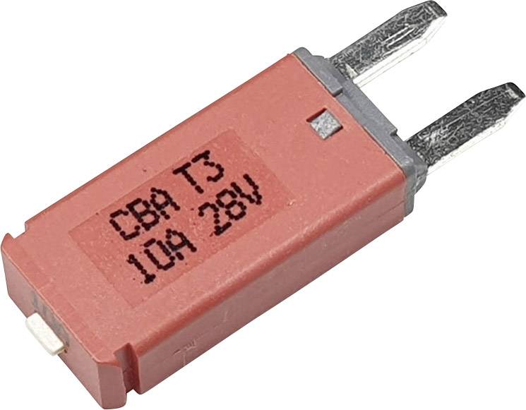 Un interruttore automatico rosso con la scritta 'CBA T3 10A 28V', con due contatti metallici sulla parte superiore.