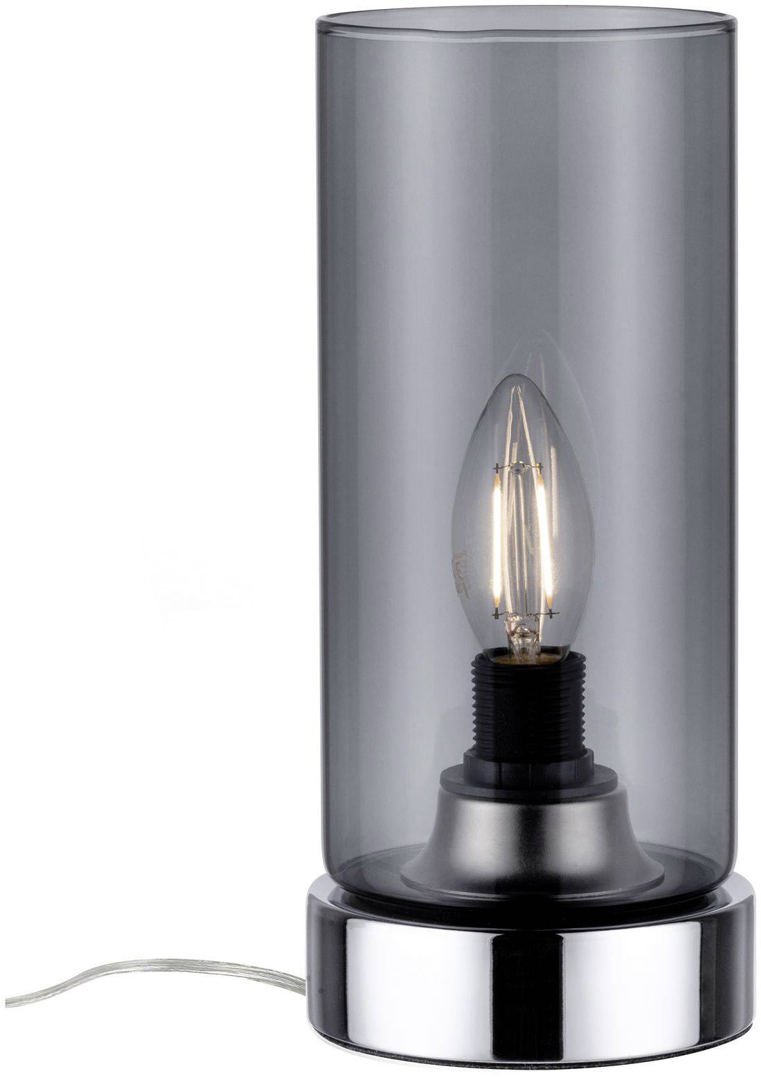 Lampada da tavolo moderna con paralume cilindrico in vetro trasparente e lampadina a vista su base argentata.