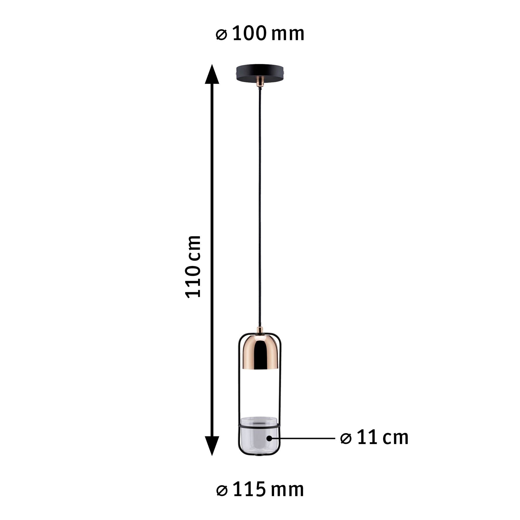 Lampada a sospensione con cavo di 110 cm, vetro trasparente e dettagli color rame, attacco a soffitto da 100 mm, diametro della lampada 115 mm, apertura di 11 cm.