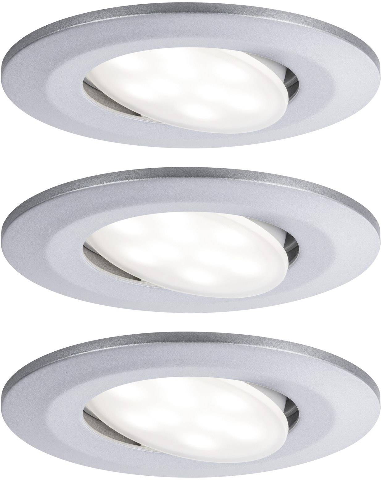 Tre plafoniere LED rotonde con cornice argentata, disposte in modo uniforme. Emanano una luce brillante e moderna.