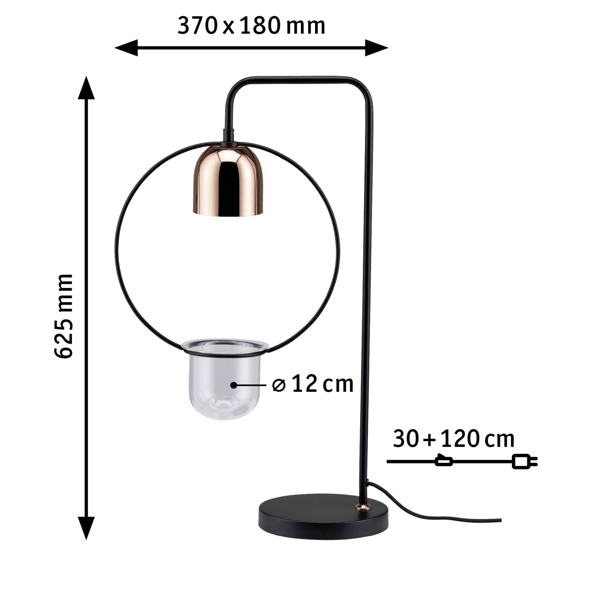 Lampada da tavolo con struttura in metallo nero e paralume color rame, dotata di vaso per piante integrato con diametro di 12 cm, alta 625 mm.