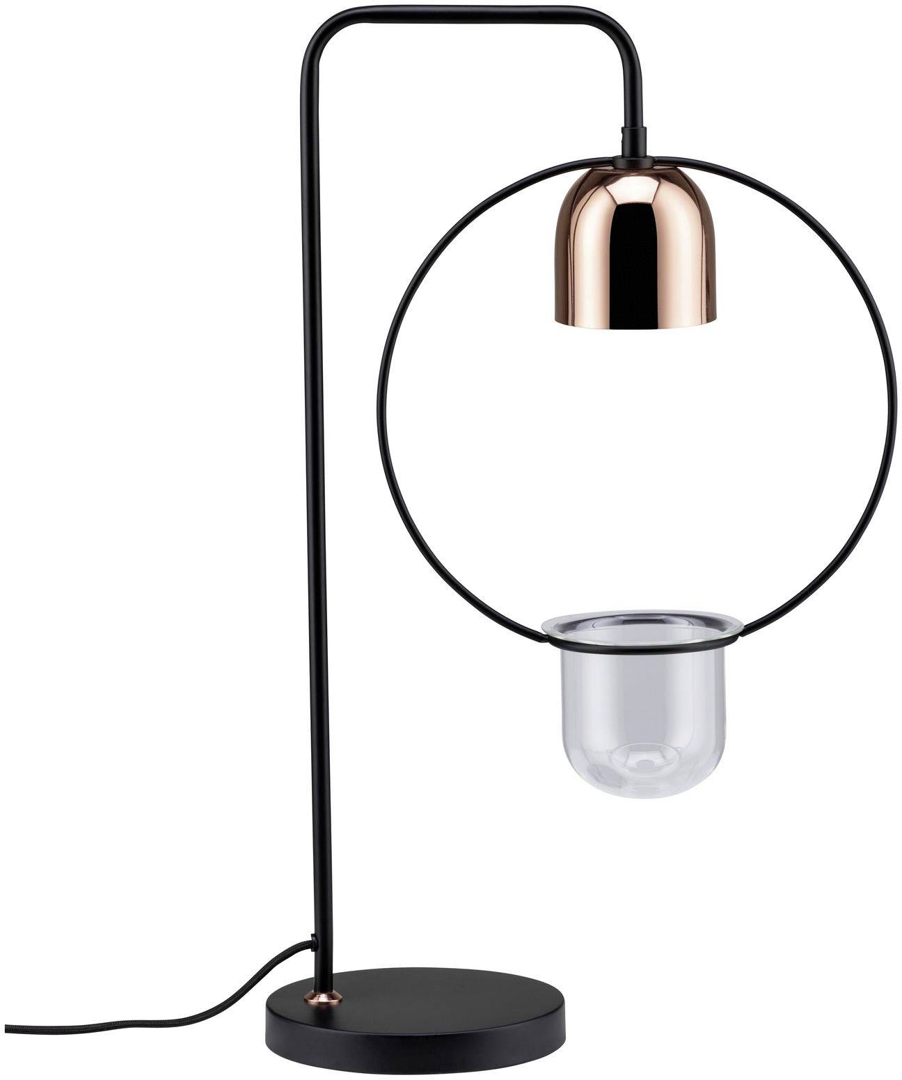 Lampada da tavolo moderna con telaio in metallo nero, design circolare, attacco color rame e vetro trasparente nella parte inferiore.