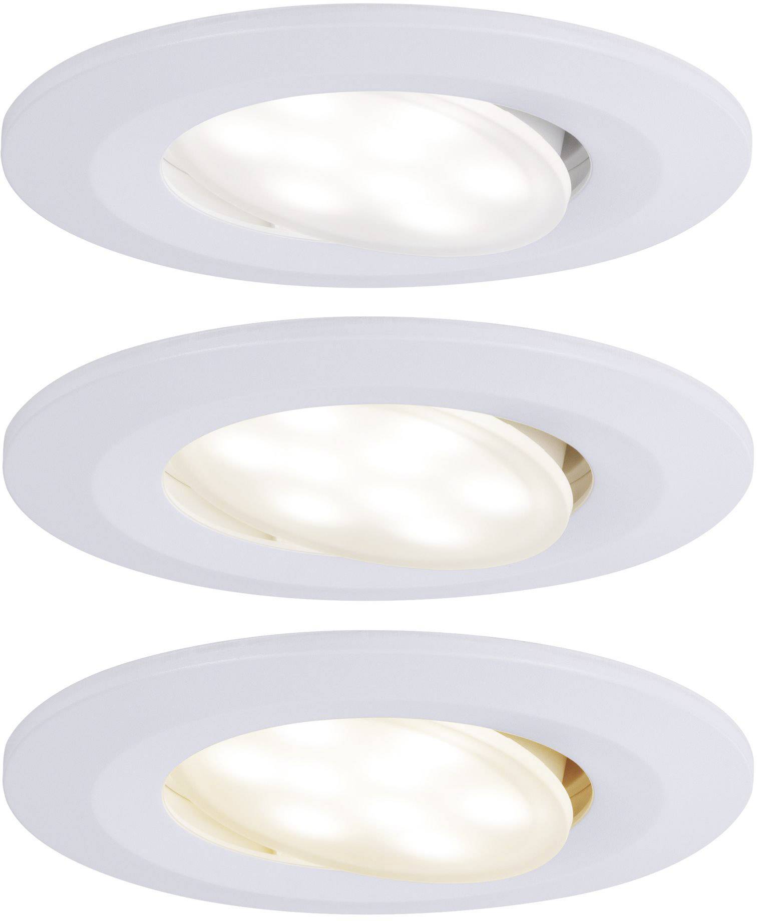 Tre plafoniere rotonde da incasso di colore bianco con diverse temperature di colore: luce fredda, luce neutra e luce calda, disposte una sopra l'altra.