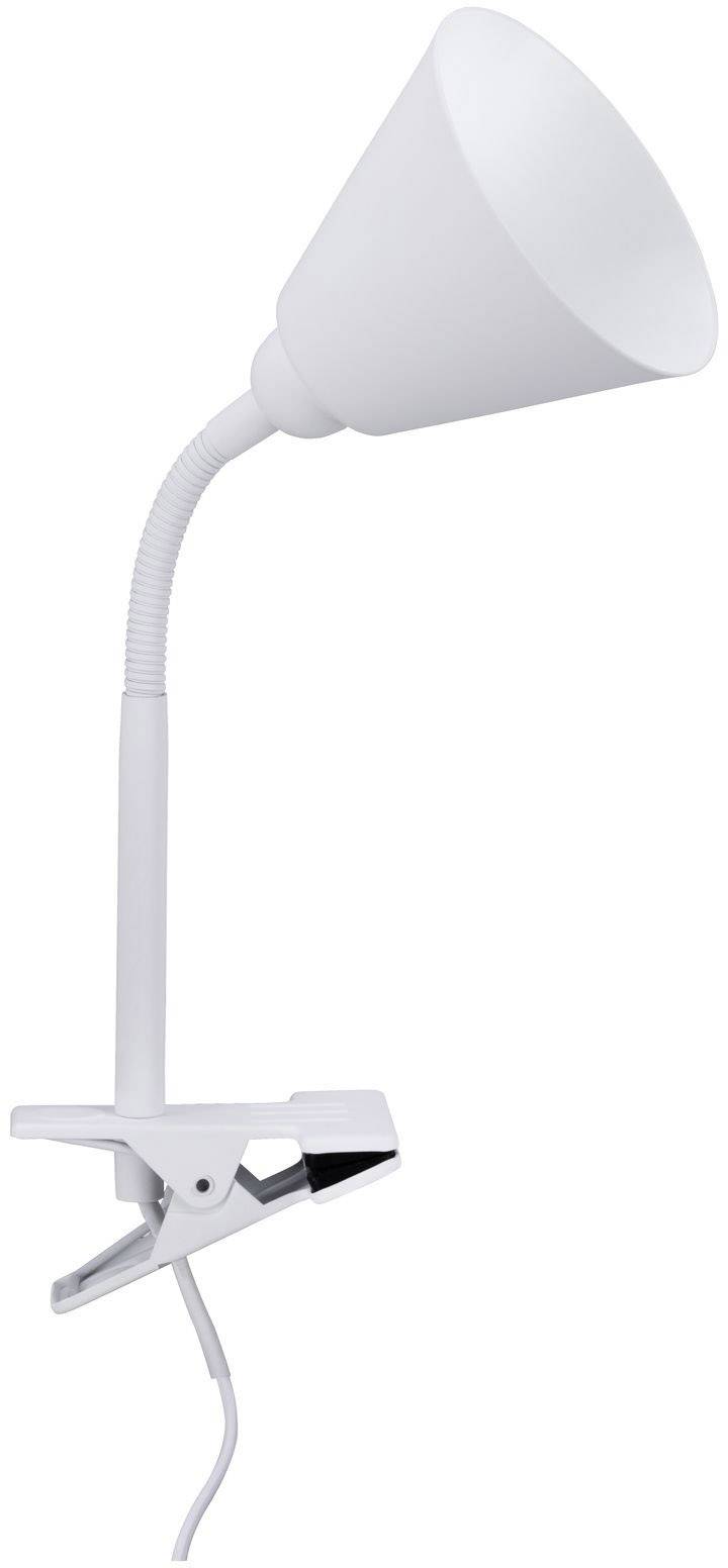 Lampada da morsetto bianca con collo flessibile e paralume a forma conica. Adatta per l'illuminazione mirata di diverse aree.