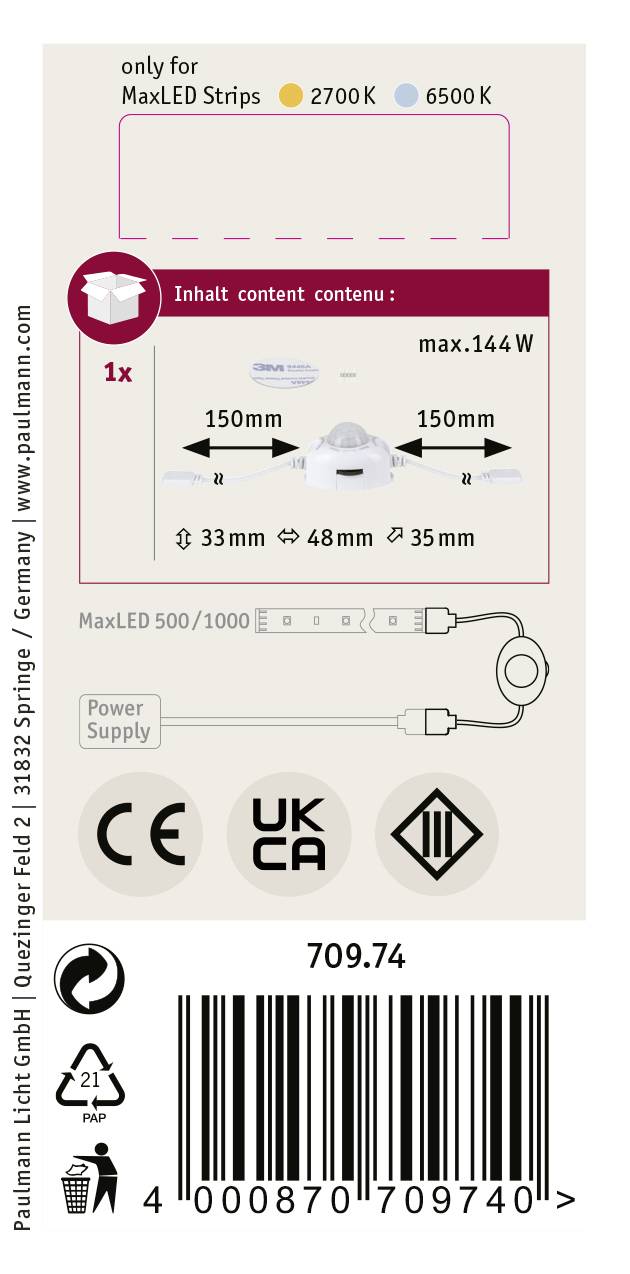 "Solo per strisce LED MaxLED", diagramma tecnico con dimensioni e simboli di sicurezza ed efficienza energetica.