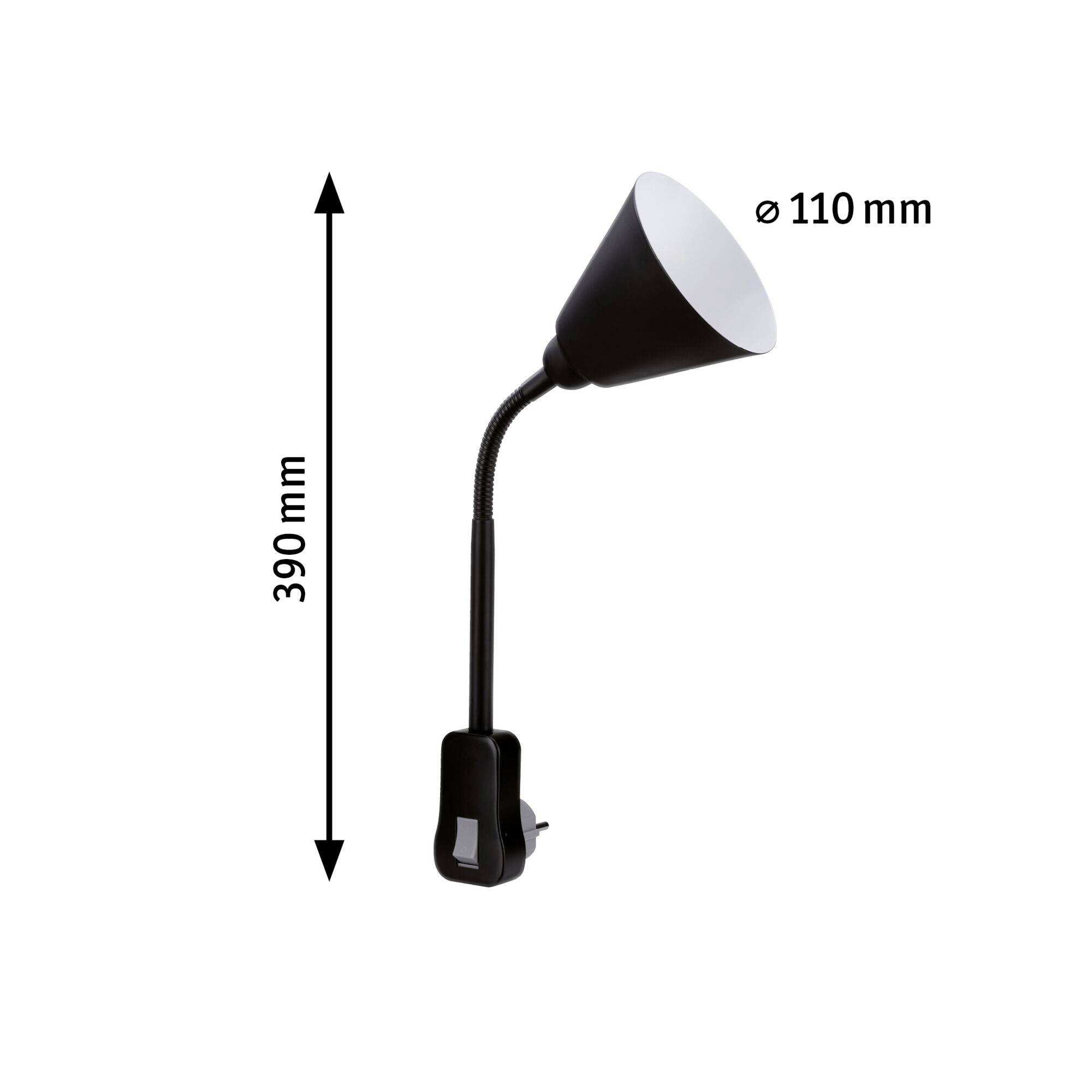 Una lampada a pinza nera con collo di cigno flessibile, alta 390 mm, con paralume di 110 mm di diametro, adatta per illuminazione mirata.