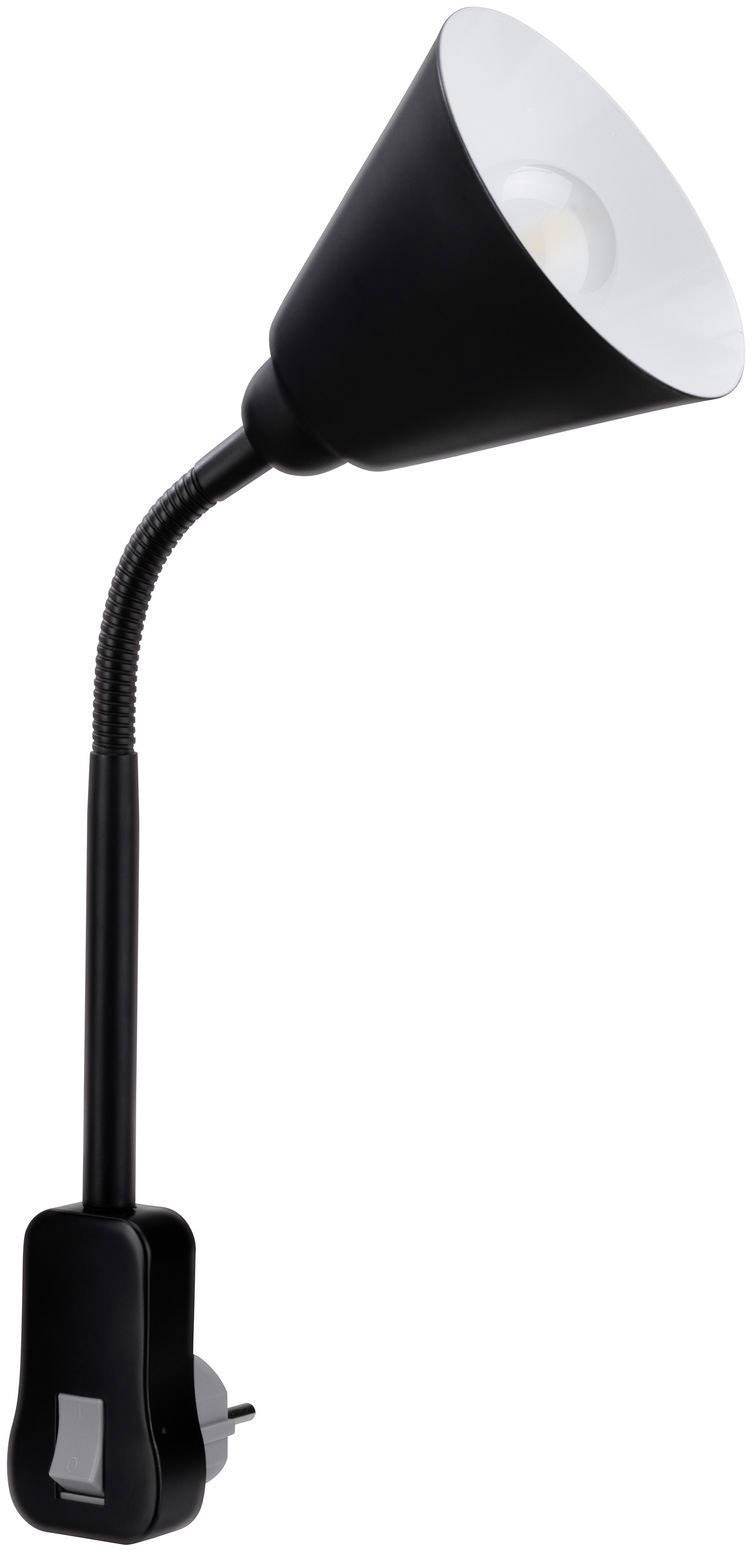 Lampada da lettura nera con collo flessibile e paralume conico, montata su una presa elettrica.