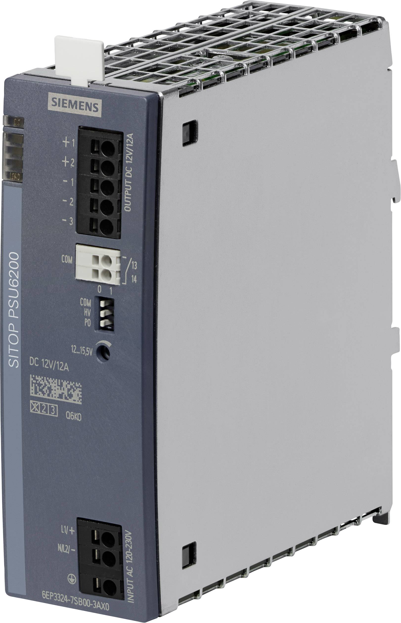 Alimentatore industriale 'Siemens SITOP PSU6200' in involucro grigio con uscita di tensione 12V/12A. Il dispositivo mostra morsetti di connessione e indicatori LED.