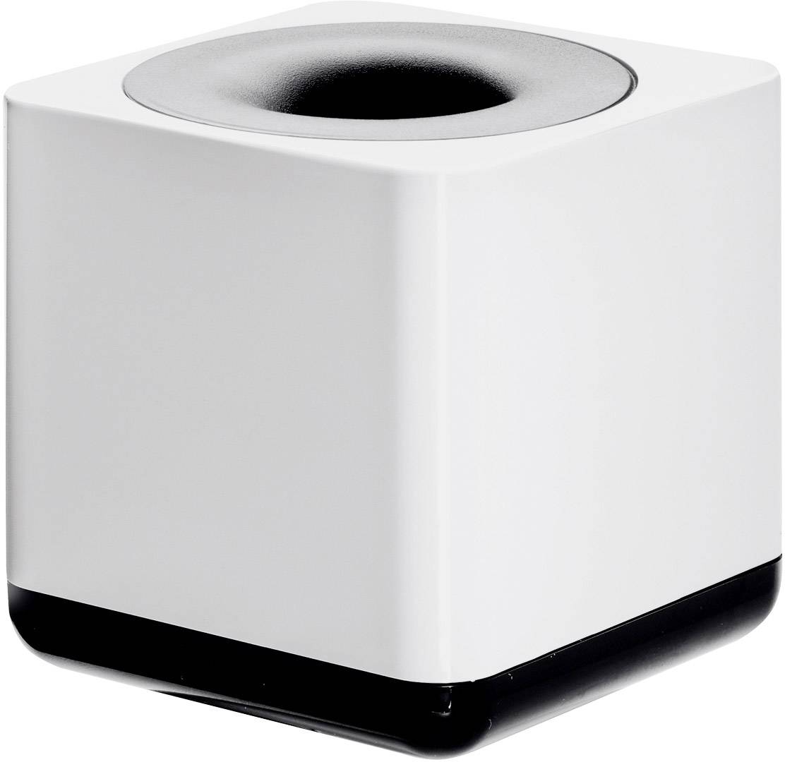 Altoparlante cubico in bianco con bordo nero e superficie superiore incassata.