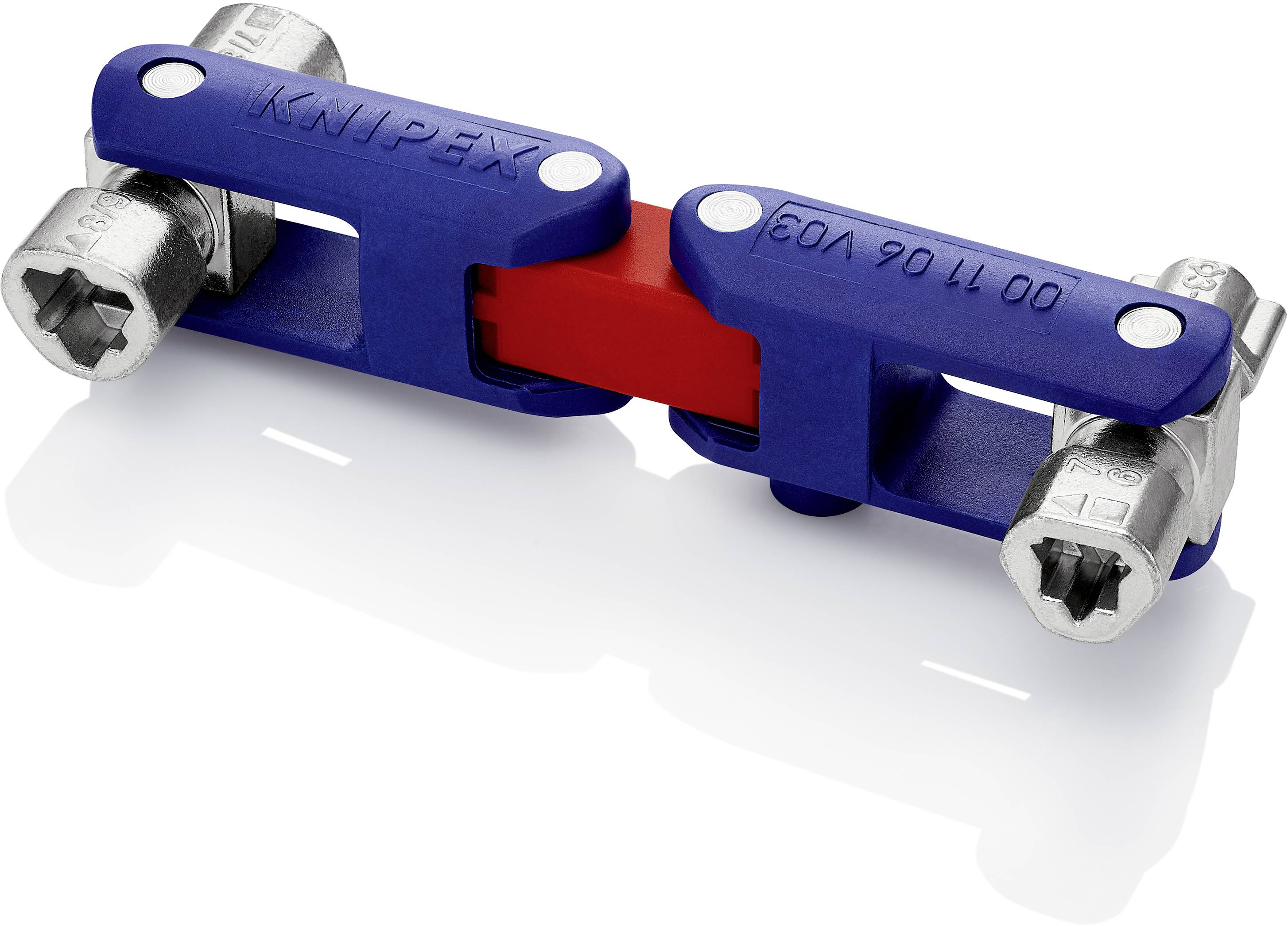 Un utensile blu e rosso per aprire diversi sistemi di chiusura industriali, con estremità argentate, adatto per riscaldamento, ventilazione e impianti idro-sanitari.