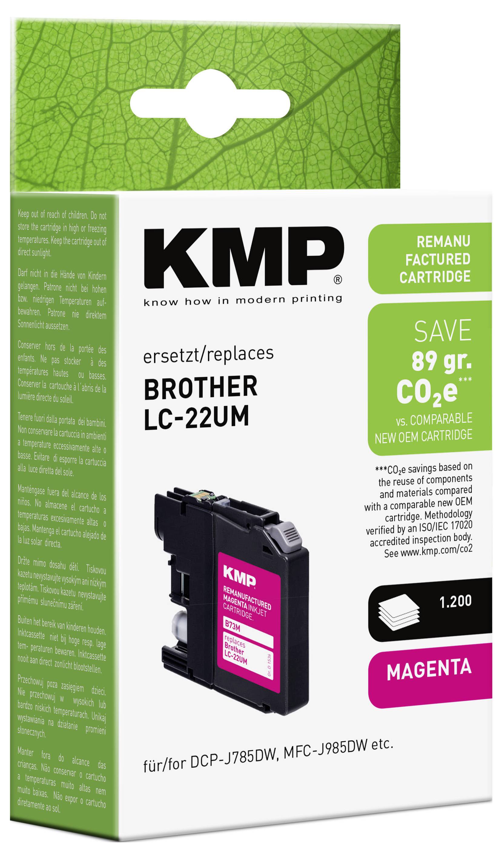 Cartuccia di inchiostro di ricambio KMP per Brother LC-22UM, magenta, che mostra "risparmia 89 gr. CO2" e 1.200 pagine.