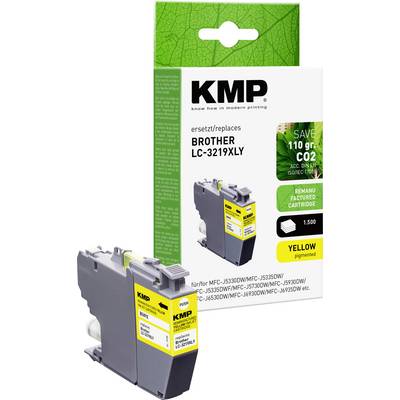 Cartuccia d'inchiostro giallo KMP per Brother LC-3219XLY; confezione che evidenzia l'ecosostenibilità e la compatibilità con la stampante.