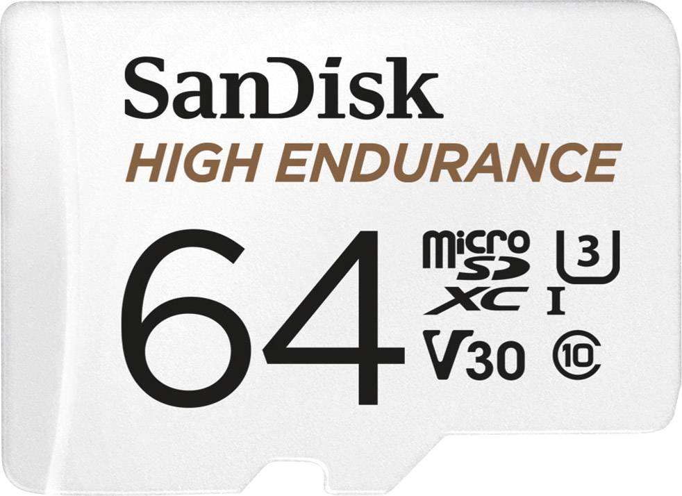 Una scheda microSD SanDisk High Endurance da 64 GB, ideale per videosorveglianza, dashcam e utilizzo intensivo.