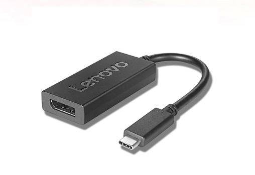 Adattatore da USB-C a HDMI di Lenovo, con involucro nero, estremità dei cavi collegate, consente il collegamento di dispositivi con porta USB-C a schermi compatibili HDMI.