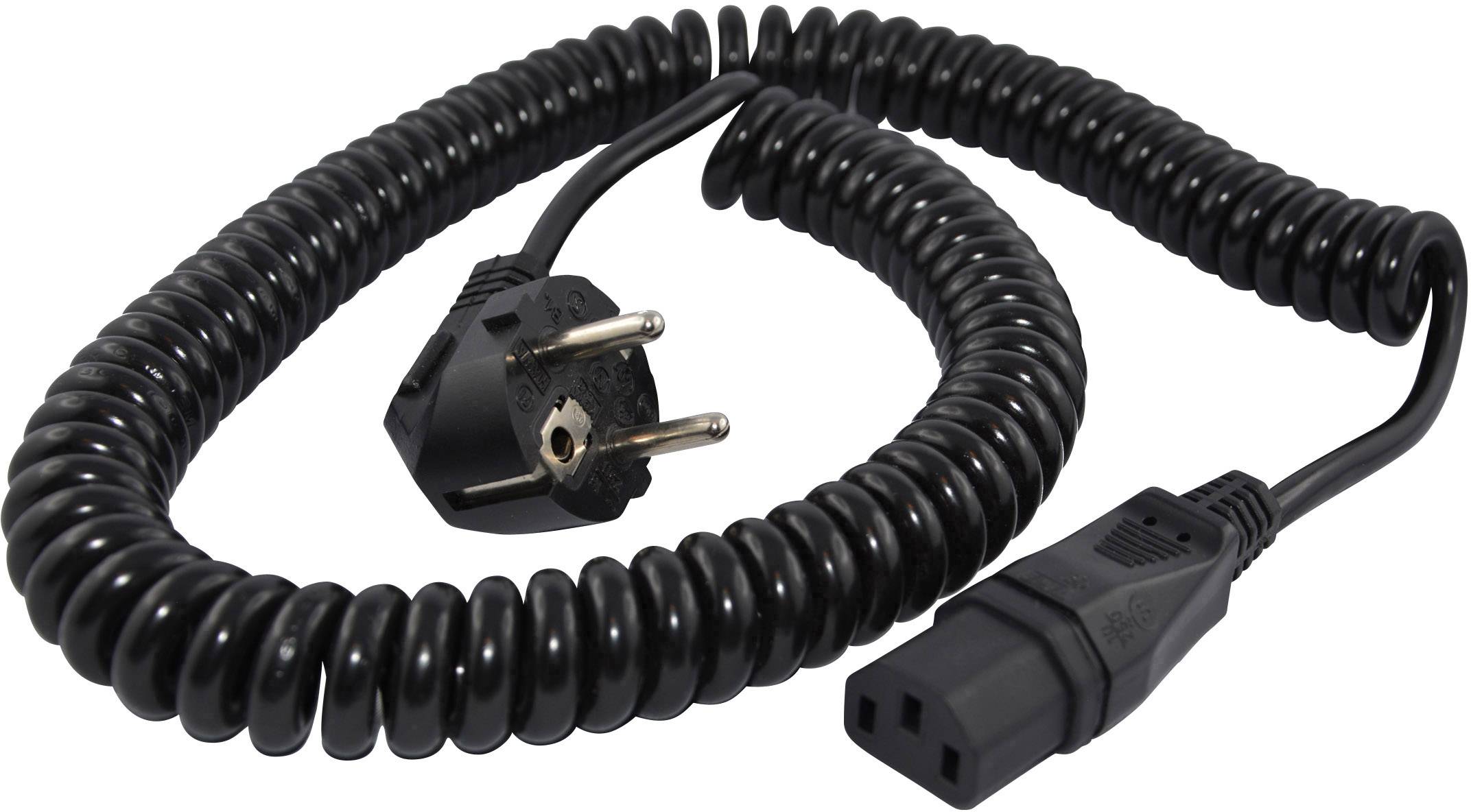 Un cavo spiralato nero con spina Schuko e spina IEC, adatto per connessioni di rete di dispositivi elettronici.