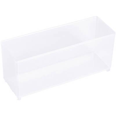 Scatola di plastica trasparente, rettangolare, vuota, su sfondo bianco.