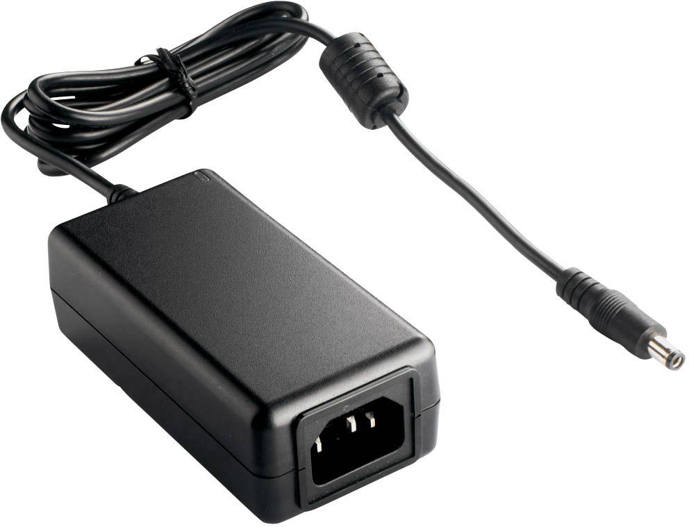 Alimentatore nero con spina AC e cavo, che termina in un connettore DC rotondo. Adatto per dispositivi elettronici.
