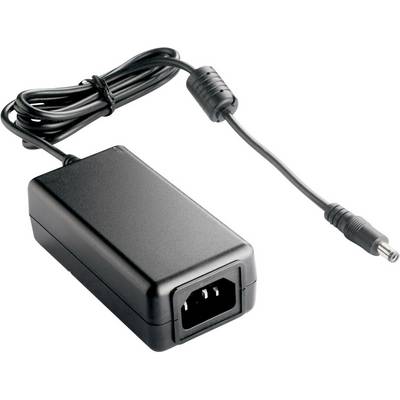 Un alimentatore nero con cavo e connettore. È destinato all'alimentazione di dispositivi elettronici.