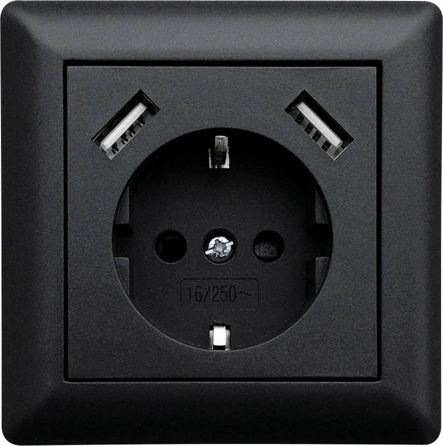 Presa elettrica nera con due porte USB nella parte superiore. Adatta per spine europee.