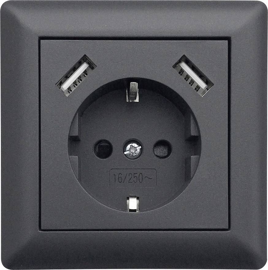 Presa elettrica nera con porte USB; idonea per 16A/250V.
