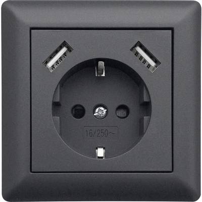 Presa elettrica nera con porte USB; idonea per 16A/250V.